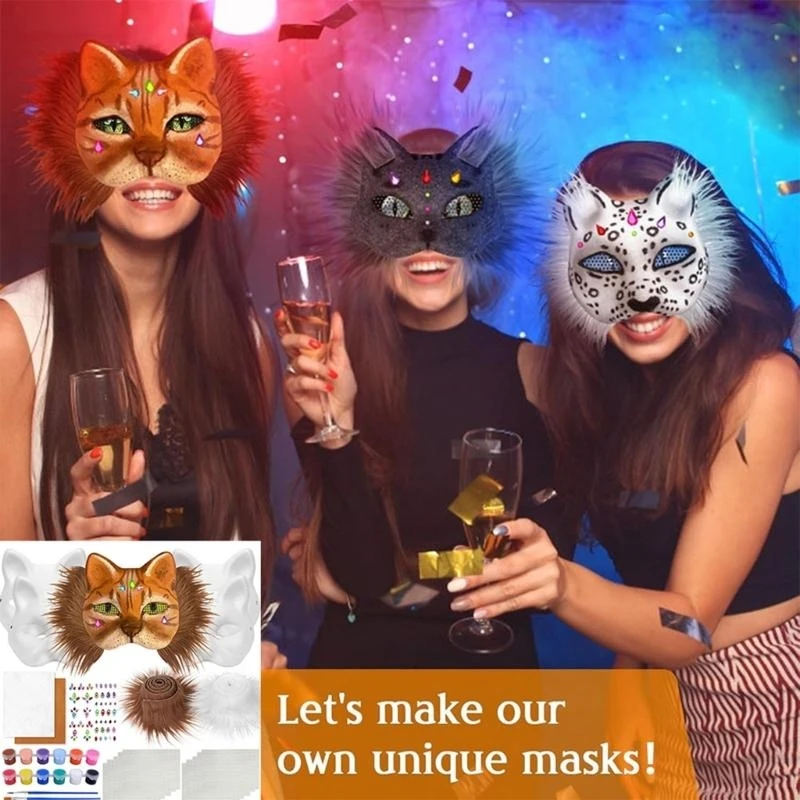 Cats Foxes Mask with Furs Eye Meshes Sticker,Therians Dress Up Mask to Paint,Animal Mask Arts Craft Costume Mask