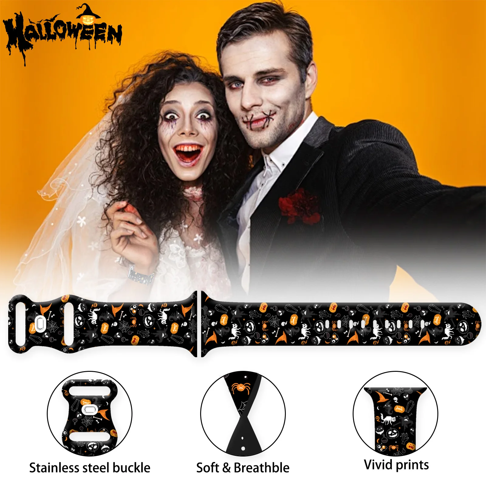 Bracelet en silicone imprimé fête d'Halloween pour Apple Watch, bracelet de sport, bracelet de montre pour iWatch, 9, 8, 7, SE, 6, 45mm, 44mm, 42mm, 41mm