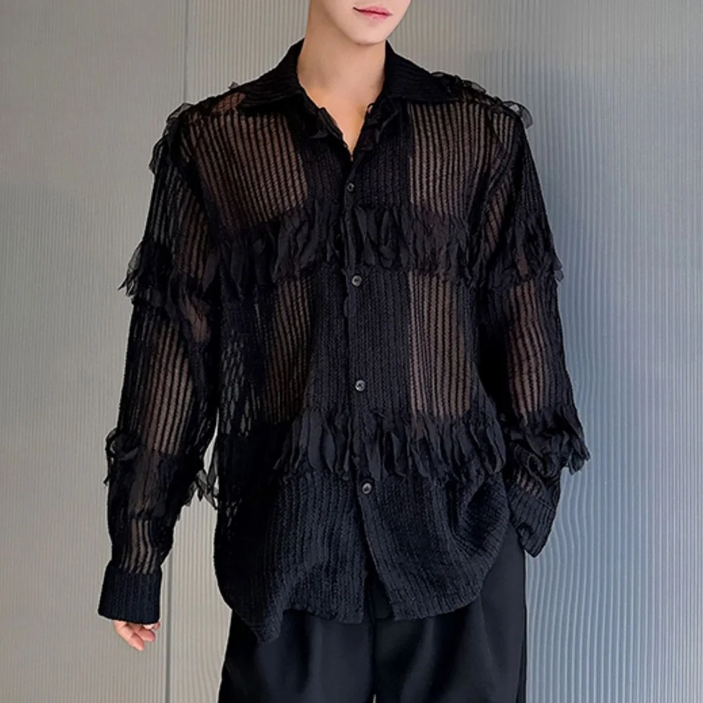 See Through Sunscreen Shirts Men Irregular Tassel Splice Mesh Long Sleeve Loose Casual Vintage Party Dress Shirts Unisex Blouses