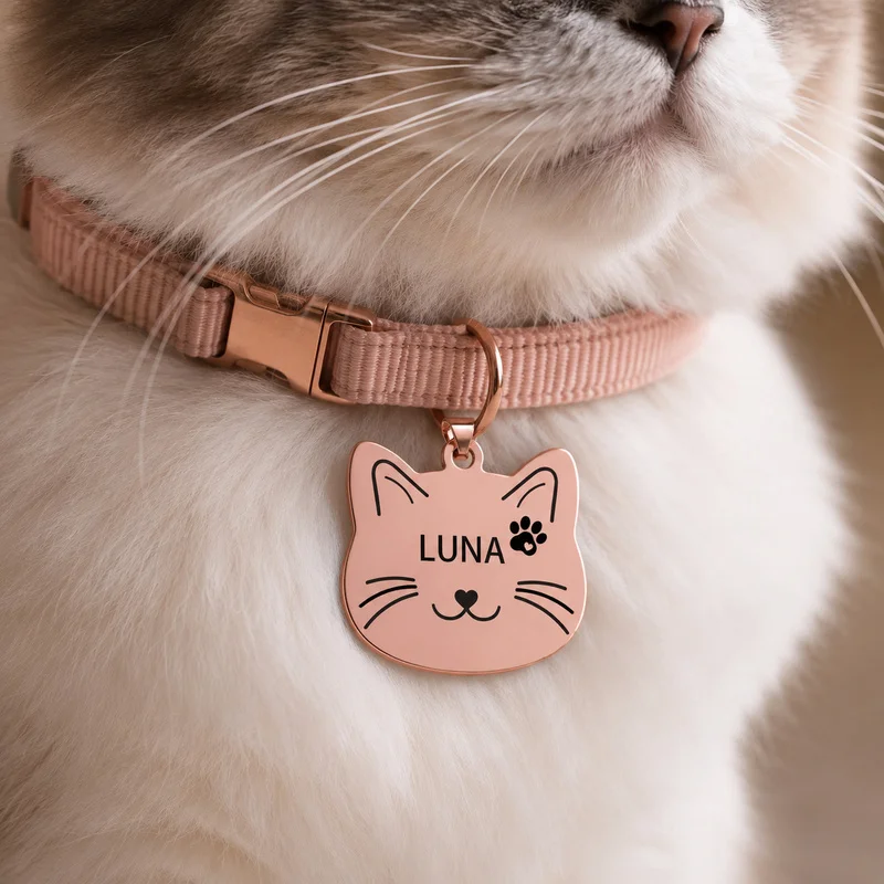1PC Custom Pet Cat Tag Dog Tag, Cat Ear and Whisker Pattern‑Double‑Sided Engraving for Pet Name, Phone Number and Address