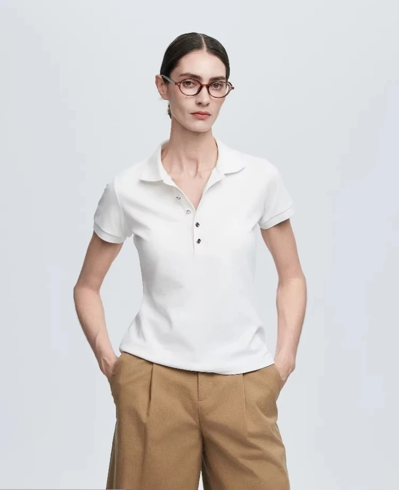 

Sef Beaded short-sleeved polo shirt female Spring/Summer 2025 French silver-clasp fitted slightly slimming POLO shirt T-shirt
