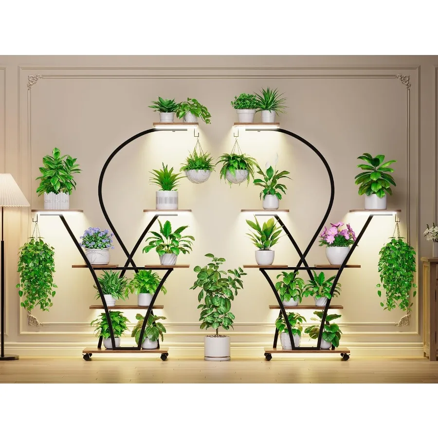 حامل نباتات داخلي طويل القامة 64 بوصة مع ضوء النمو، عبوة من 2 رف نباتات زاوية مكون من 7 طبقات يتميز بعجلات وحوامل نباتات منحنية fo #2