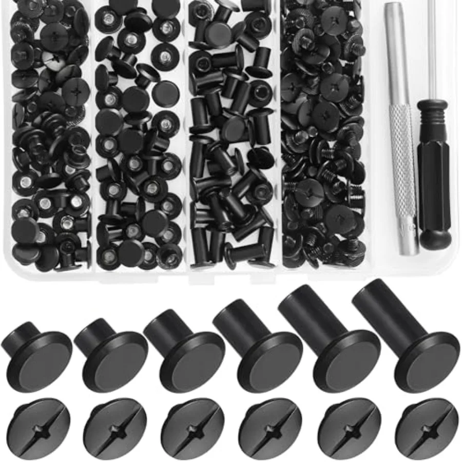 

100Sets Black Chicago Screws Leather Rivets Kit for Fabric Leather Crafting Assorted 6 Sizes Chicago Binding Screws for Decorat