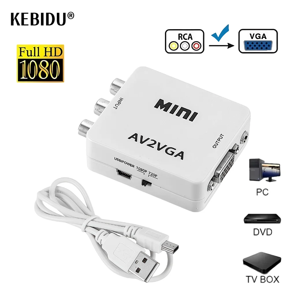 محول فيديو صغير 1080P RCA AV إلى VGA محول فيديو مع صوت 3.5 ملم AV2VGA / CVBS صوت إلى جهاز كمبيوتر عالي الدقة إلى تلفزيون