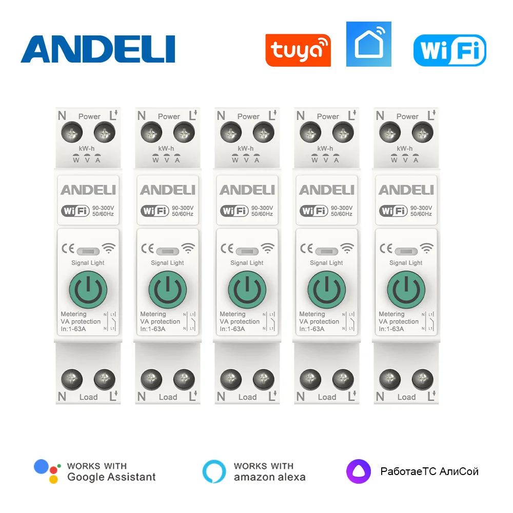 ANDELI TUYA WiFi Smart Circuit Breaker 1P 1-63A with Metering DIN Rail for Smart Home Wireless Remote Control via Smart Life APP
