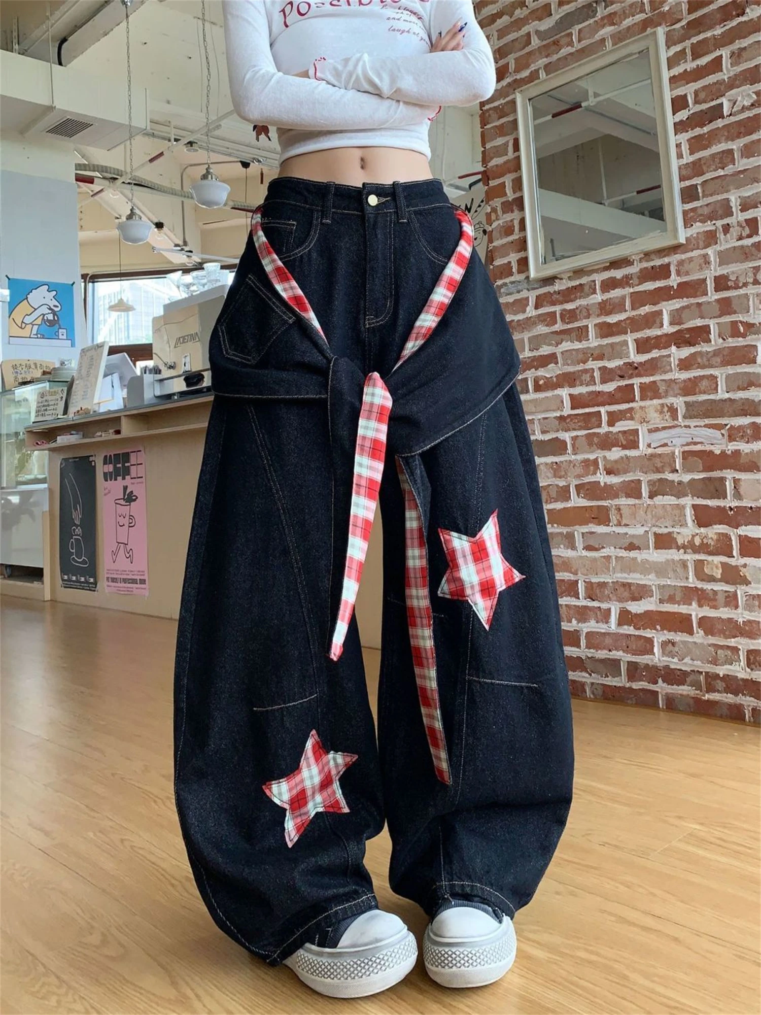Y2K レディース ハイウエスト ワイドレッグ デニムパンツ ブラック ヴィンテージ レッド チェック柄 スターパッチ タイディテール ストリートウェア ルーズパンツ