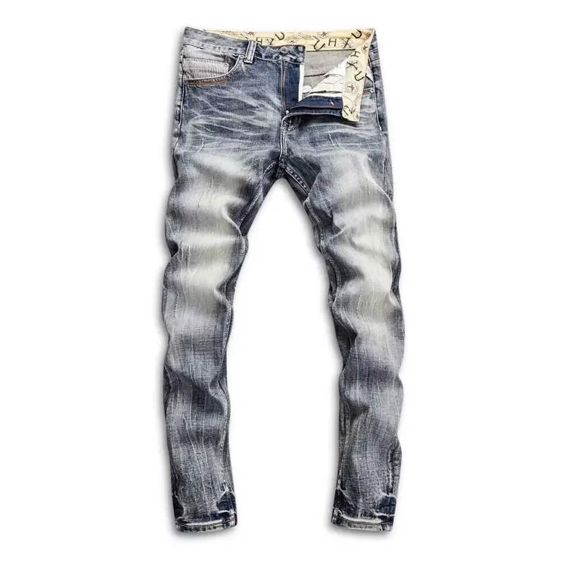 Fashion Designer Men Jeans High Quality Retro Blue Stretch Slim Fit Ripped Jeans Men Classical Trousers Vintage Pants Hombre
