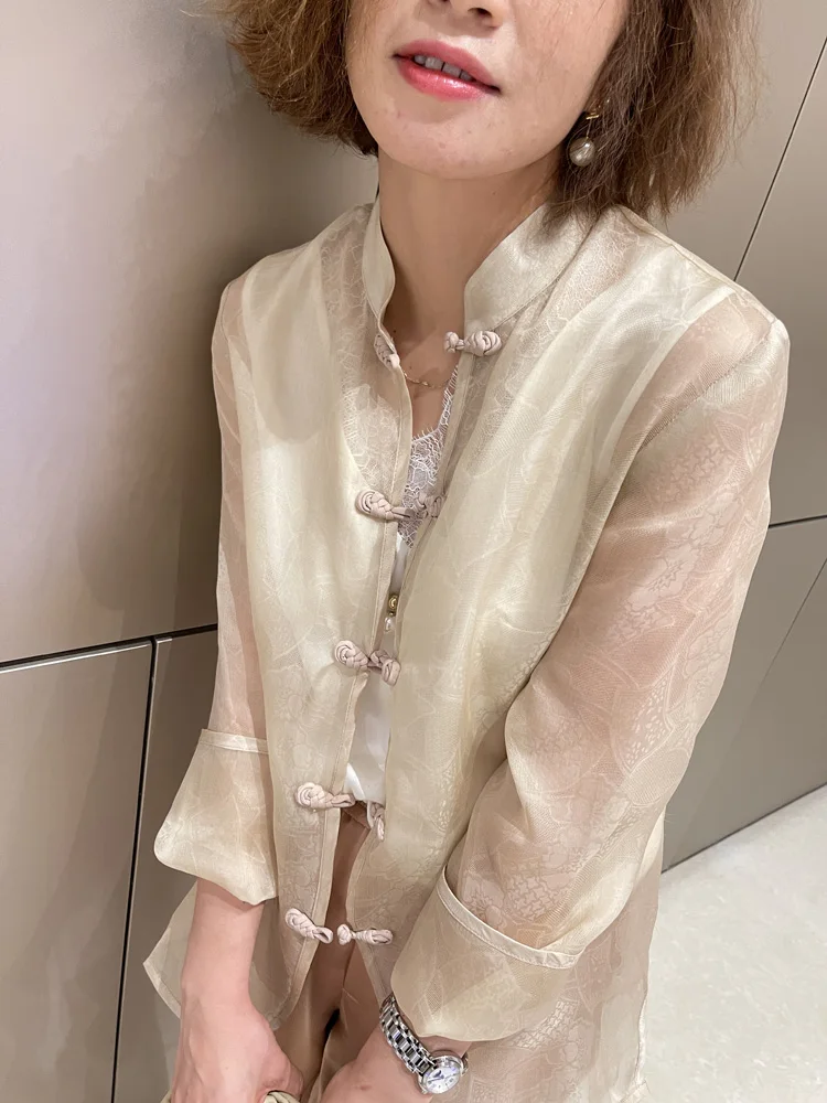 

Ele Silk Chinese Sle irt with Button Design Faionable Outerwear for Women over 35 Years Old Thin And Loose Fit