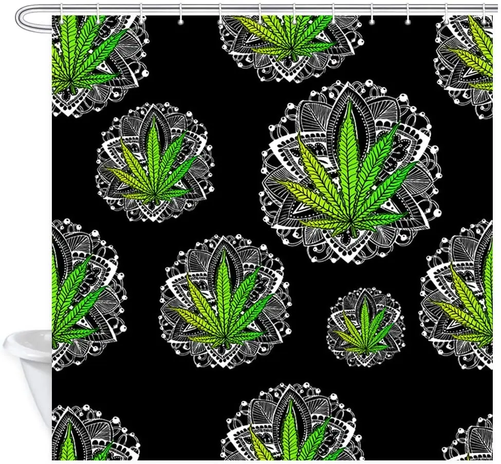 Marijuana Leaf Shower Curtain Marijuana Leaf Mandala On Black Background Polyester Fabric Bath Bathroom Curtains Set with Hooks