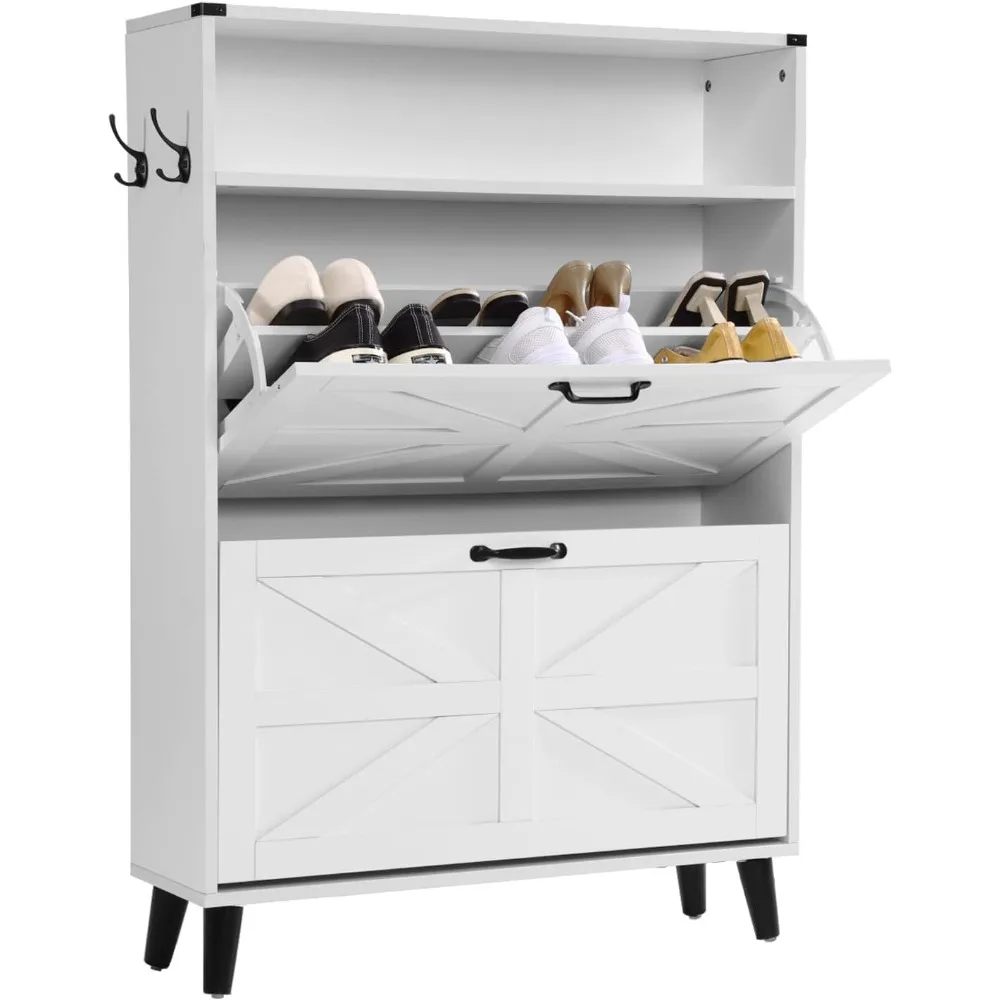 Narrow Freestanding Shoe Storage Cabinet with 2 Drawers and Open Shelves for Rustic Entryway