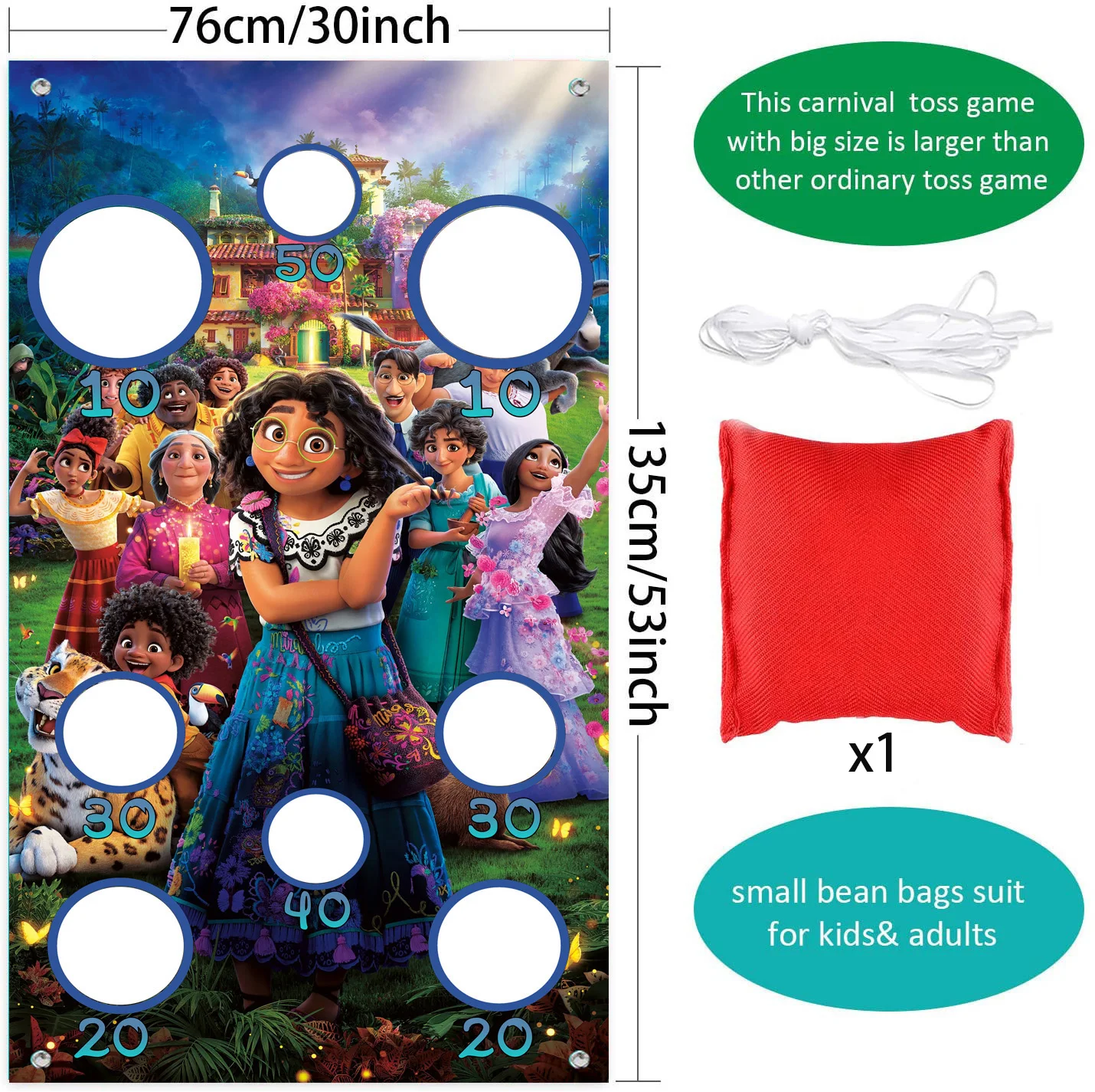 Disney Encanto Mirabel Toss Game Banner con bolsas de frijol para niños y adultos, suministros para fiestas de cumpleaños, actividades, decoración