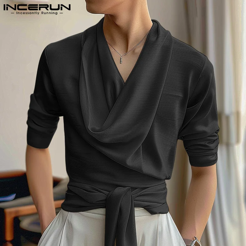 INCERUN Tops 2024 American Style Fashion Men\'s Swing Neck Design Strap Shirts Casual Hot Selling Solid Long Sleeved Blouse S-5XL