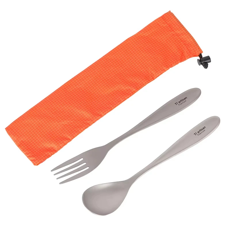 Tiartisan Titanium Ultra-light Durable Portable Sandblasting Fork Polished Spoon Cutlery Tableware Set for Camping Backpacking