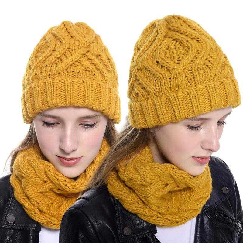 Women Winter Warm 2 Piece Beanie Cap and Infinite Circle Scarf Set Solid Color Chunky Cable Knit Cuffed Hat Neckerchief