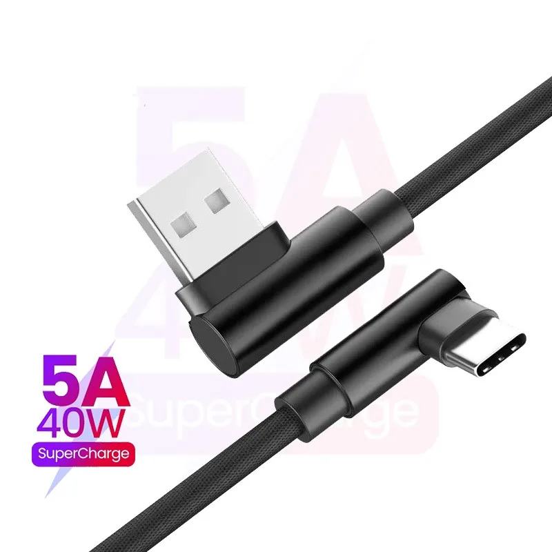 90 Degree Elbow USB to Type C Fast Charging Cable 40W Nylon Braided Gaming Charger Cord 65% Faster for Huawei Xiaomi Samsung