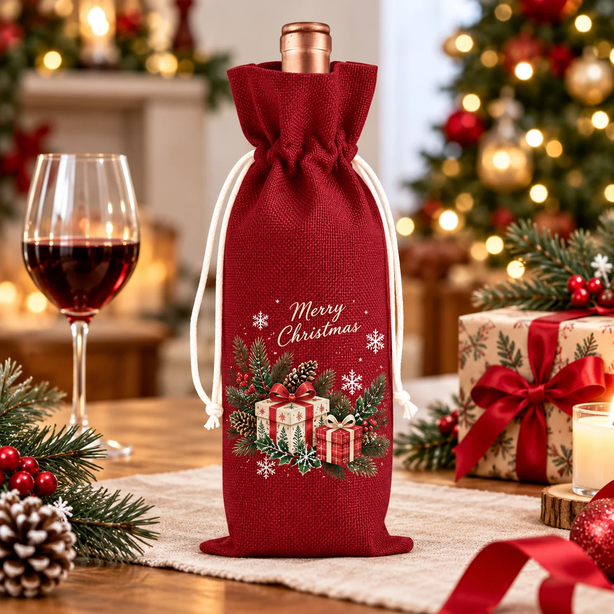 Personalized Drawstring Wine Bag Custom Wine Bottle Dust Cover Faux Linen Reusable Bottle Sleeve Gift Pouch for Home Party Decor