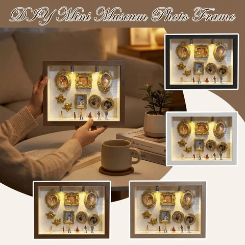 Miniature DIY Mini Museum Photo Frame Romantic with Mini Figurines Shadow Box Frame Kit Vintage with Light
