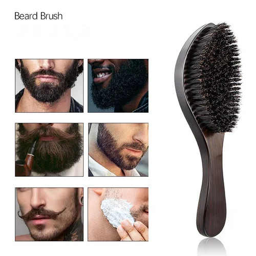 Imagen 2 del producto Cepillo ondulado para Barba y pelo para hombres, piel de jabalí, peluquero, limpieza Facial, herramienta de afeitado, cepillo de afeitar con mango, cepillos ondulados
