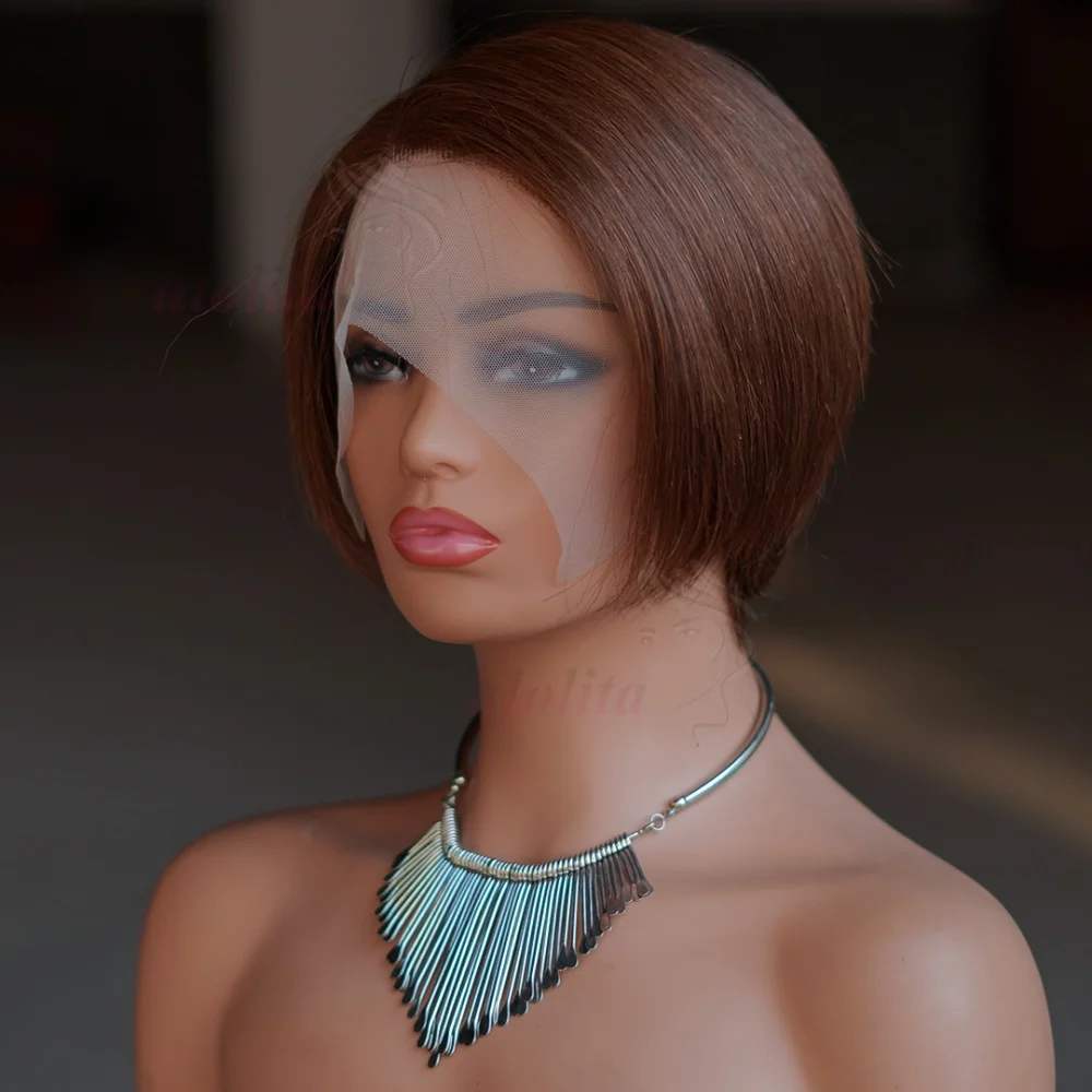 # 4 Braune Gerade Pixie-Cut-Perücke 13x4 Transparente Lace-Frontal Echthaar-Perücken Kurze Bob-Perücke Brasilianische Seitenpart-Perücken für Frauen – Detail 5