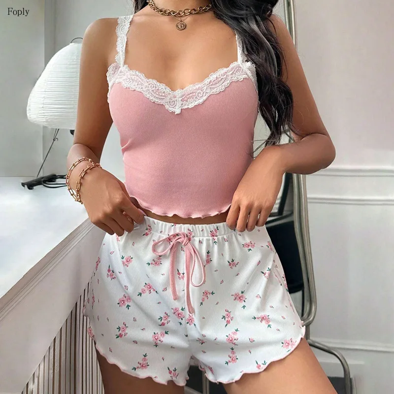 

Women Pajama Set Pink Lace Patchwork V-Neck 2psc Sleepwear Sexy Nighties Suit Cami Top Printed Shorts Soft Pyjamas Loungewear