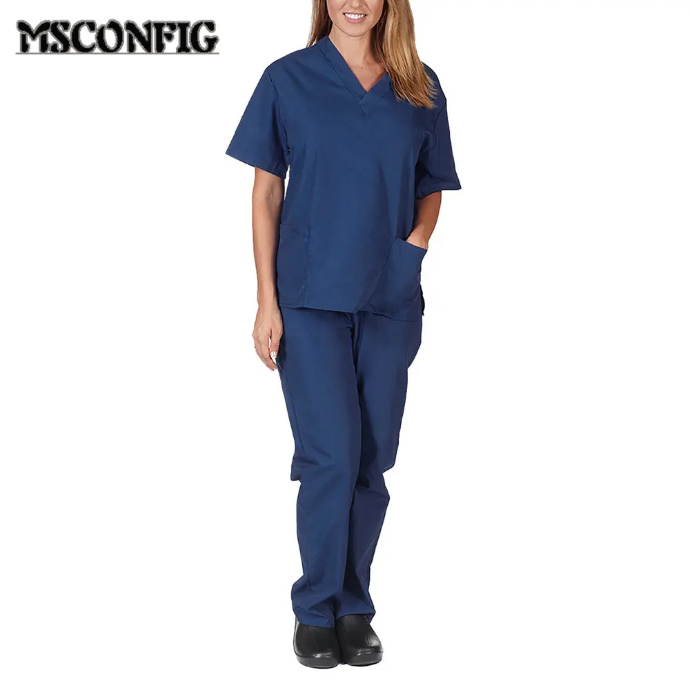 Primavera verão fino cor sólida enfermagem esfrega uniformes femininos elasticidade pet clínica enfermeira com decote em v médico trabalho roupas