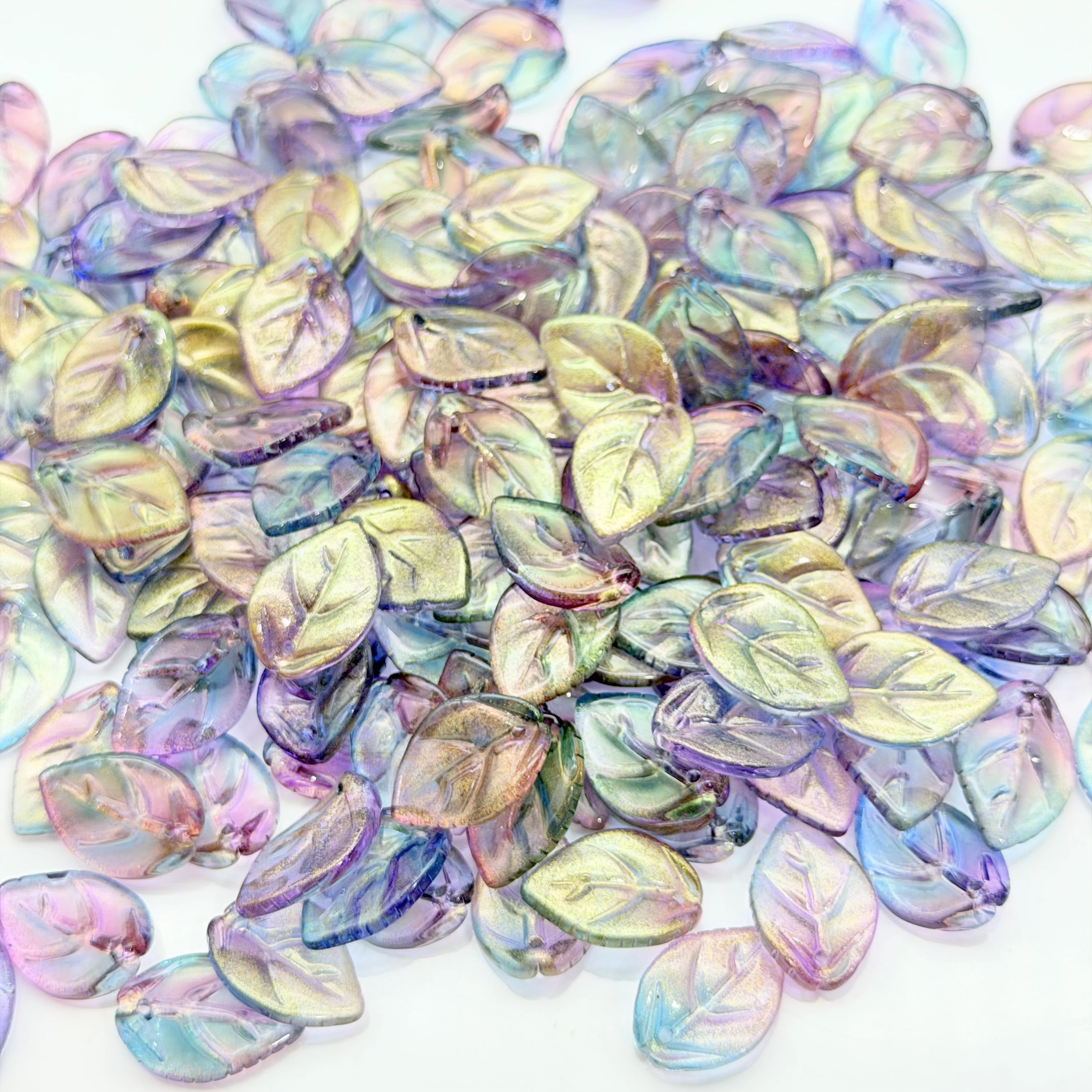 21x14mm Glass Leaf Beads Translucent Iridescent Color Changing Spacer Beads for DIY Jewelry Necklace Beading Projects and Crafts