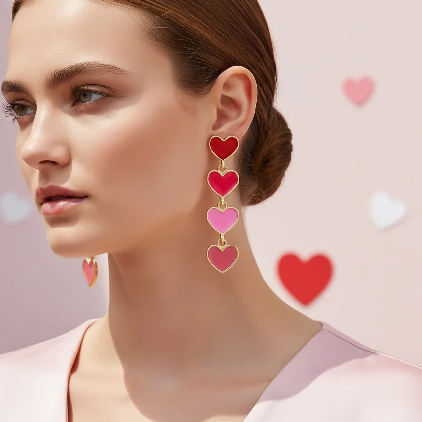 Gradual change pink drip oil long love earrings Valentine's Day multi-layer enamel heart earrings earrings women