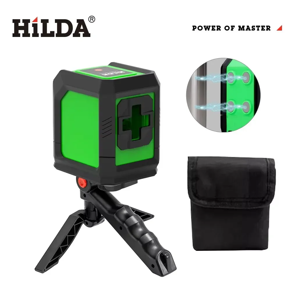 HILDA 2 Lines Laser Level Green Beam Self Levelling Back With Magnet Horizontal Vertical Cross Line