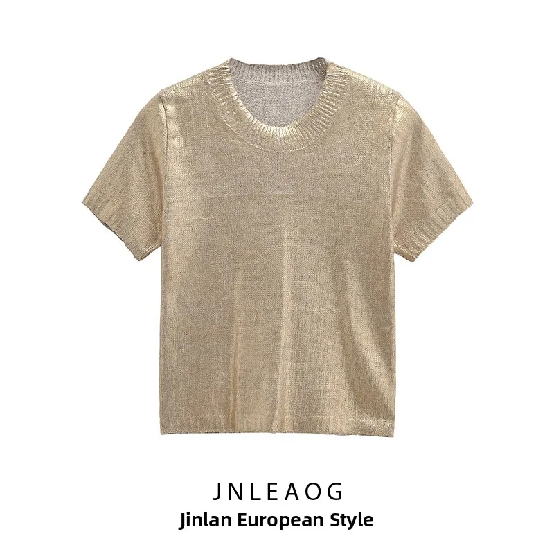 

Женский модный трикотажный пуловер JNLEAOG с металлическим эффектом, коротким рукавом и круглым вырезом, из полиэфирного волокна, осенняя новинка