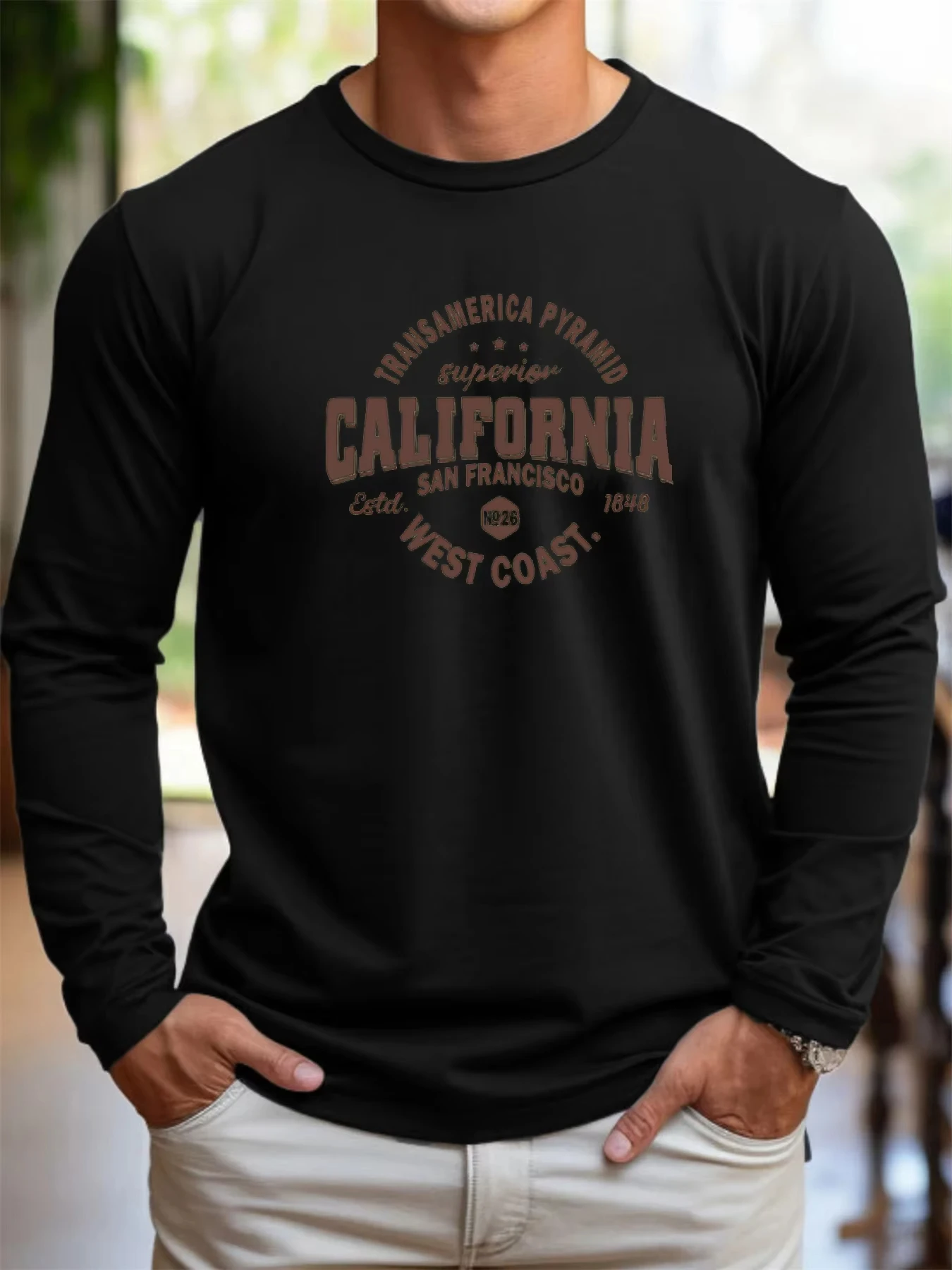 خريف جديد الرجال كاليفورنيا الساحل الغربي ملابس منقوشة بكم طويل تي شيرت موضة س الرقبة تيز ملابس الذكور غير رسمية فضفاضة المتضخم القمم