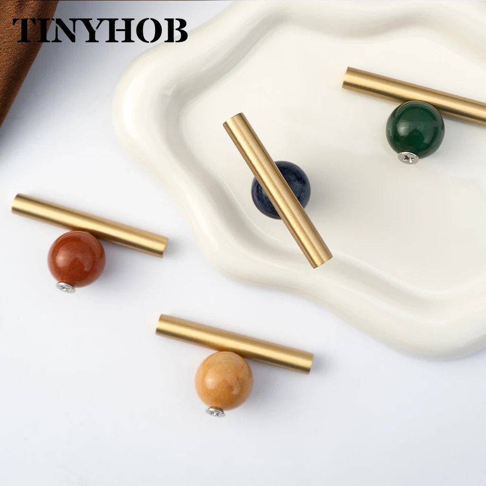 Nordic Natural Stone Sphere Brass T Bar Handle, Single Hole Cabinet Drawer Pull Knob for Wardrobe Cupboard Furniture Hardware