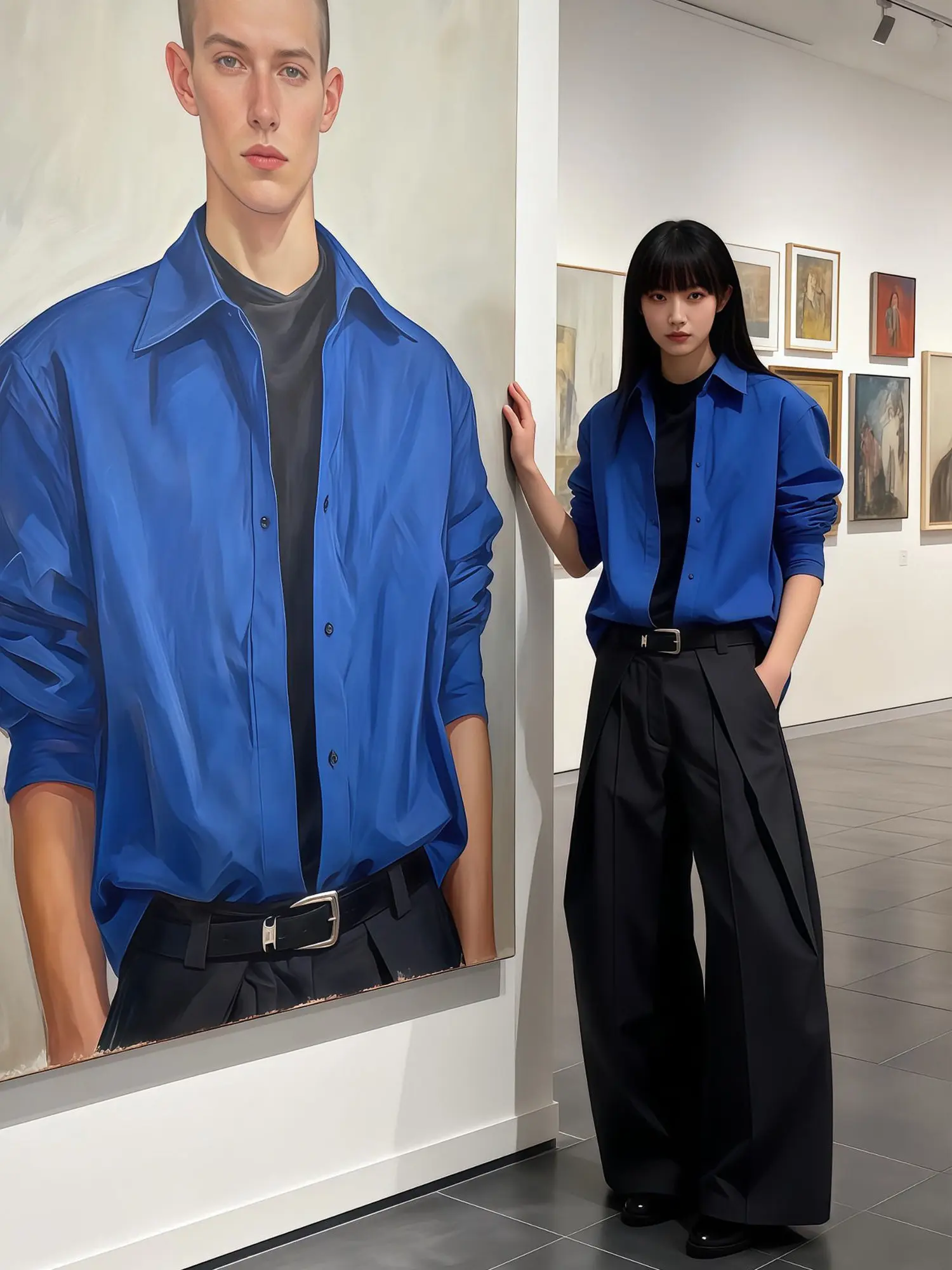 Klein Blue Korean Style Men's Shirt Long Sleeve Layering Inner Wear American Neutral Style Spring Summer High End Feeling