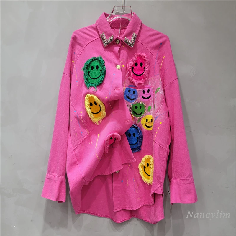 2024 Autumn Rose Pink Denim Shirt Women New Temperament Printing Long-sleeved Lapel Smiling Face Patchwork Blouse Fall Coat