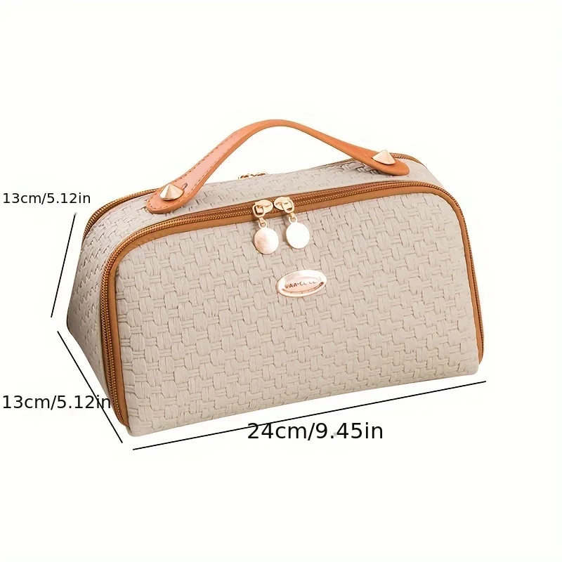 1PC Makeup Bag Woven Pattern Advanced Travel Wash Bag Large Capacity Cosmetic Storage Bag Double Open Pillow Bag