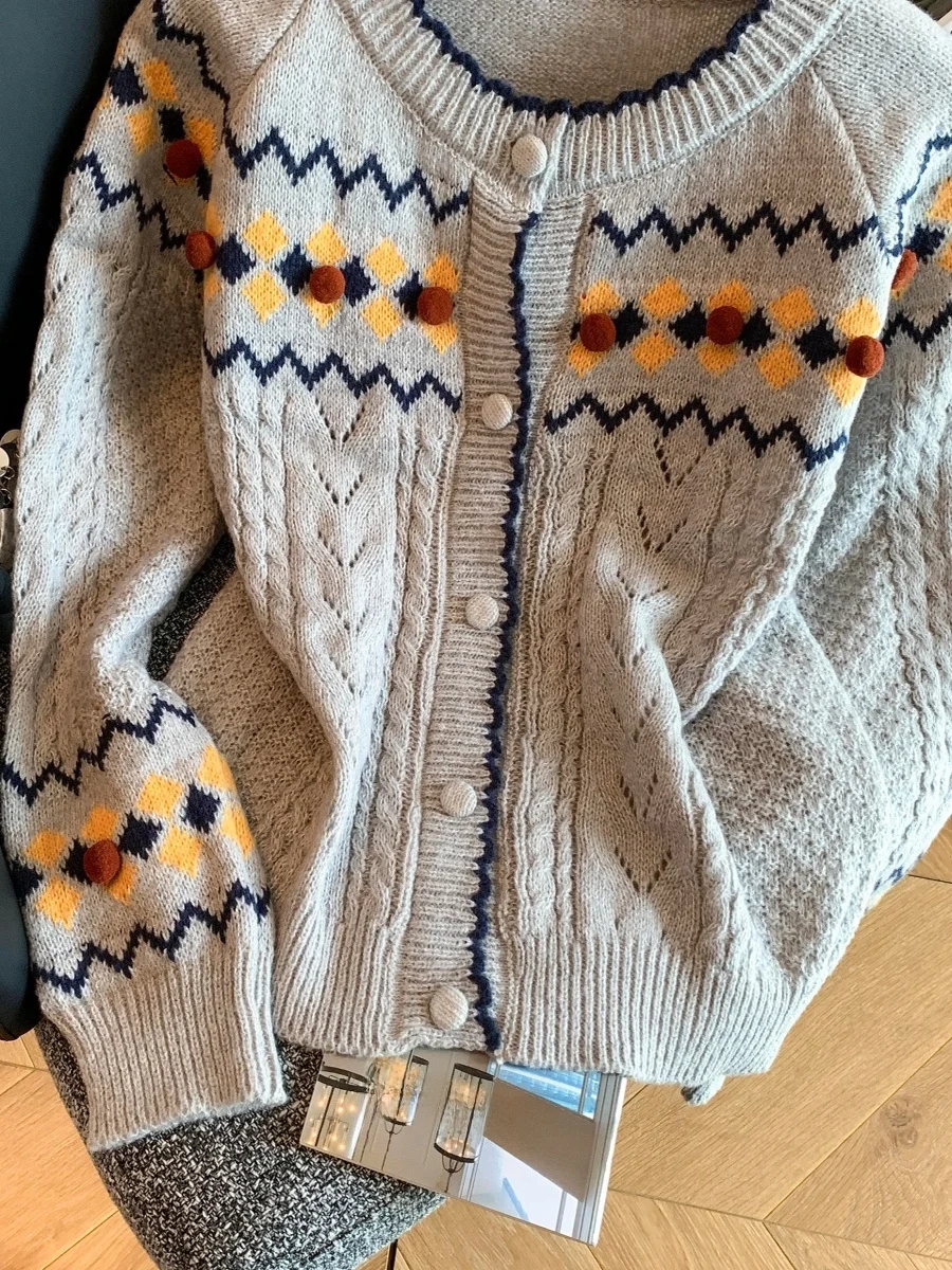 

Retro Fair Isle Geometric Knit Open Cardigan Women's Autumn Winter round Ne Loose Soft High End Sweater Jaet