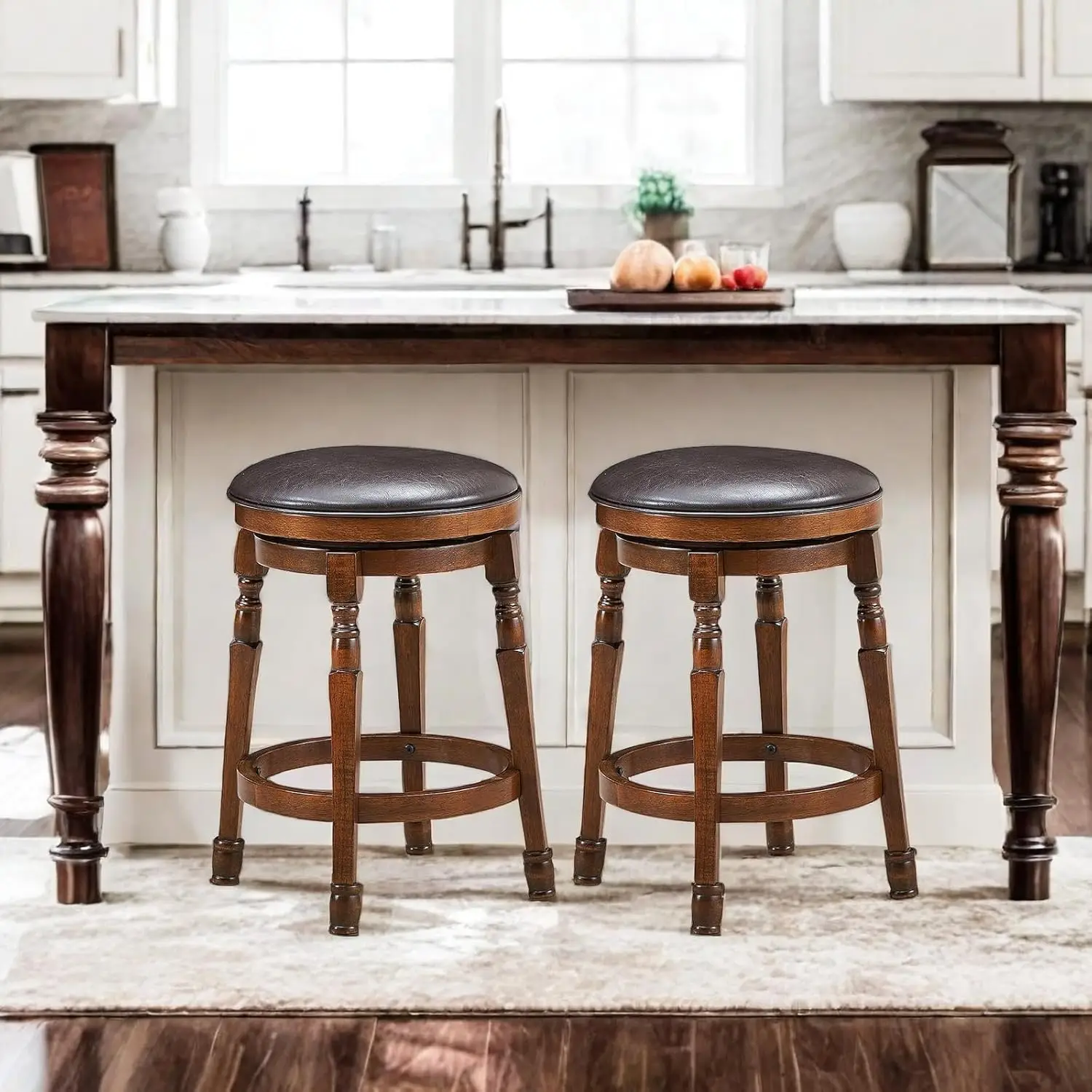 Bar Stools Set of 2 Swivel Barstools 24 Inch Counter Height Bar Stools Backless Sturdy Solid Wood Chairs with Soft Faux Leather