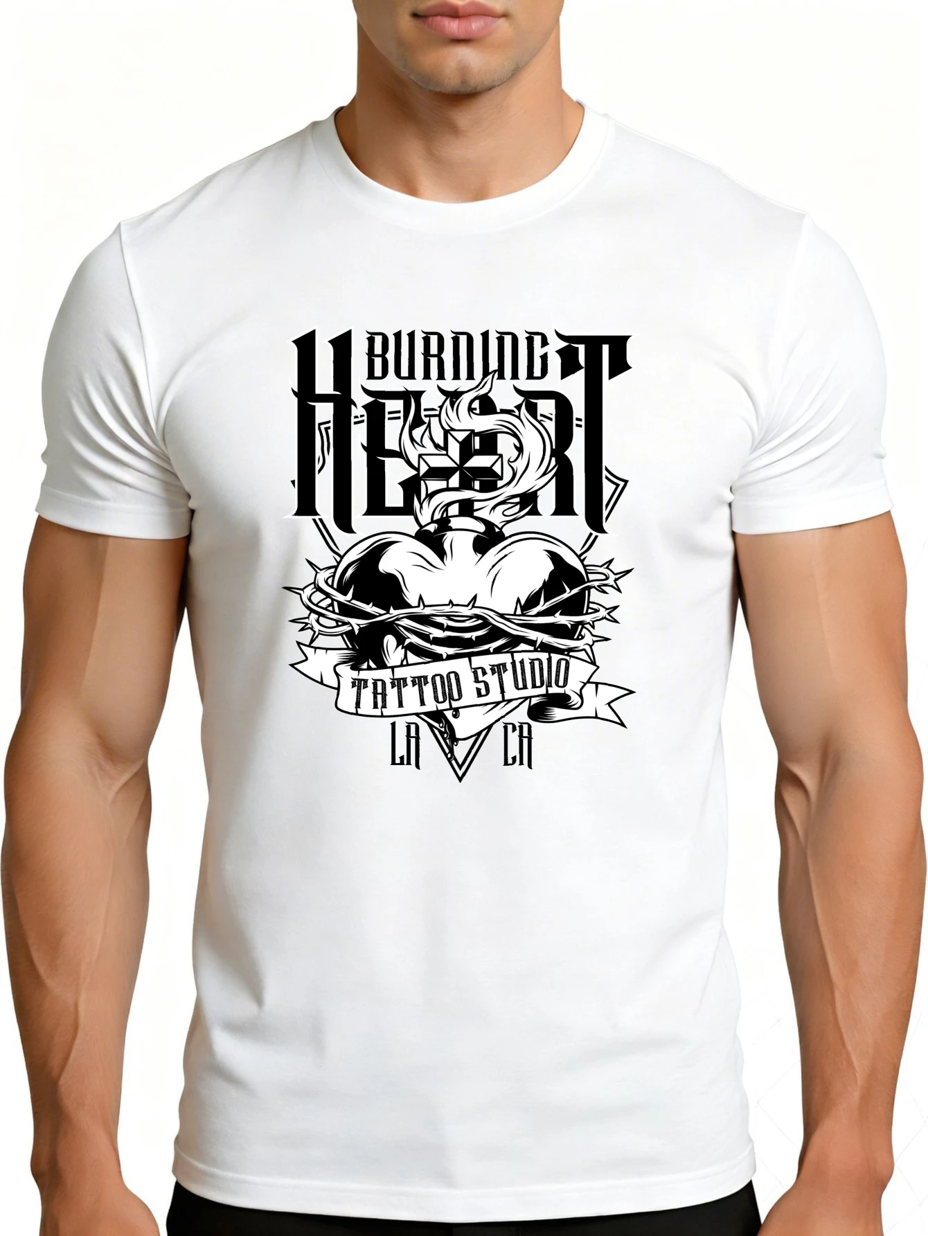 Men's Pure Graphic T-Shirt - Breathable, Soft, Lightweight - Burning Hearts Tattoo Studio La Ca - Vintage Fun Graphic Casual Short Sleeve Summer Top, Gift for Him