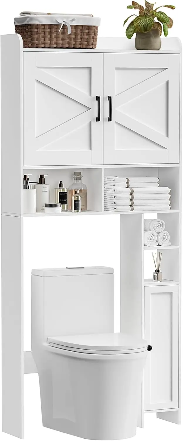 Over The Toilet Storage Cabinet with 2 Barn Door and Toilet Paper Holder Stand, FreeStanding Toilet Shelf Space Saver Adjustable