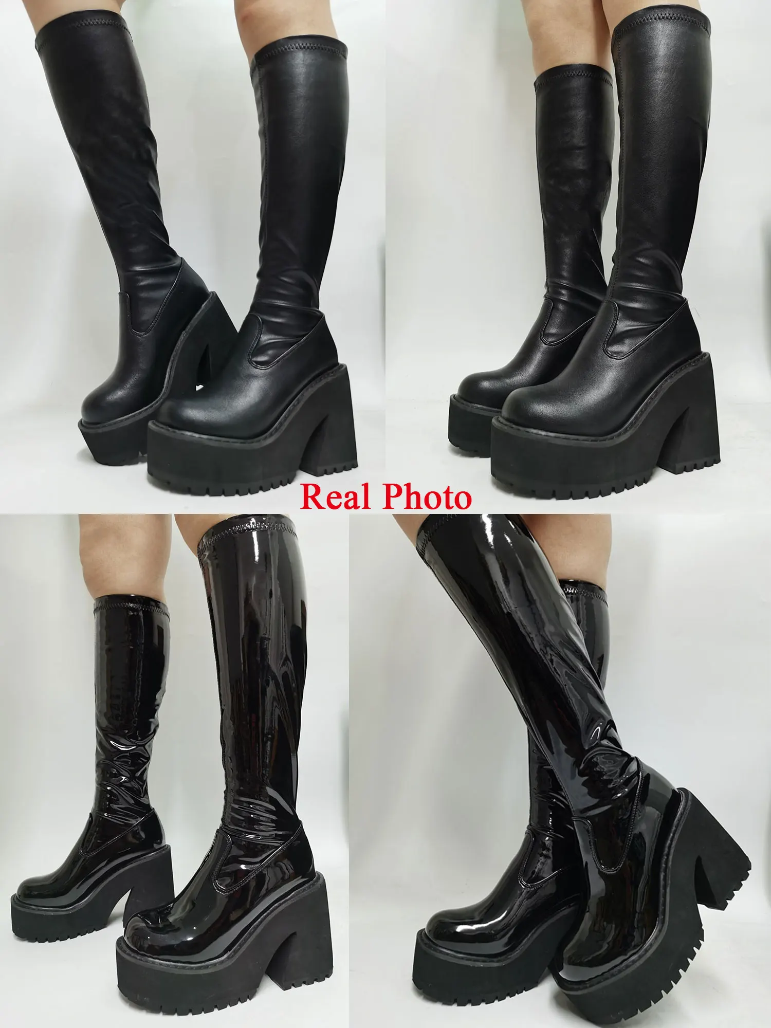 Botas hasta la rodilla de tacón alto grueso con plataforma para mujer, zapatos de vestir de uniforme gótico con punta redonda, bonitos y dulces