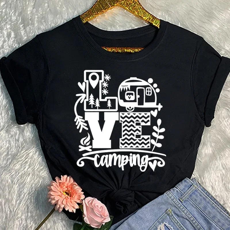 New Fashion Women T-Shirt Love Camping Print Short Sleeve Camper  Summer Casual Tee Round Neck Tops Fashion Y2k Tops Clothes
