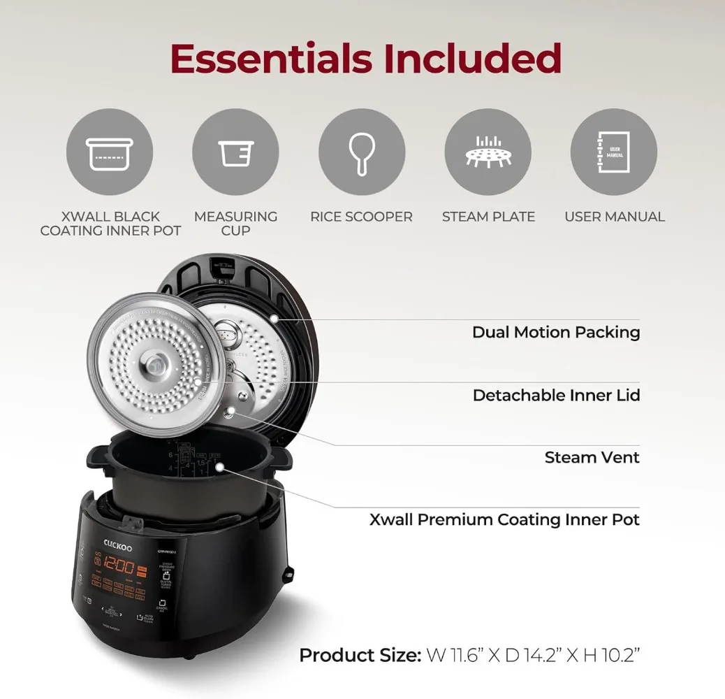 6-Cup (Uncooked) Pressure Rice Cooker | 12 Menu Options: Quinoa, Nu Rung Ji, GABA/Brown Rice & More,Made in Korea | Black/Copper