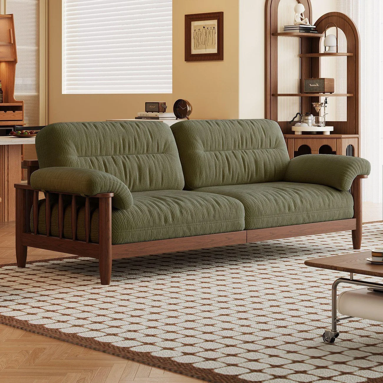 Cream style fabric sofa living room rental house size three-person ash wood cat fleece sofa