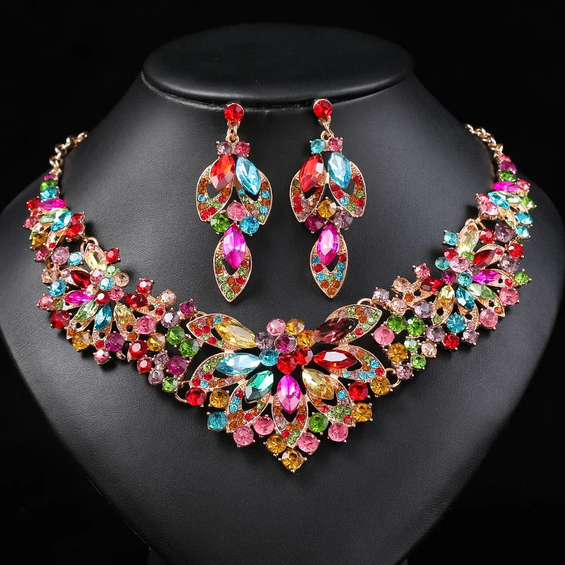 

Cross-border dress jewelry direct sales, European and American necklaces, earrings, two-piece set, colorful flowers, bride retro