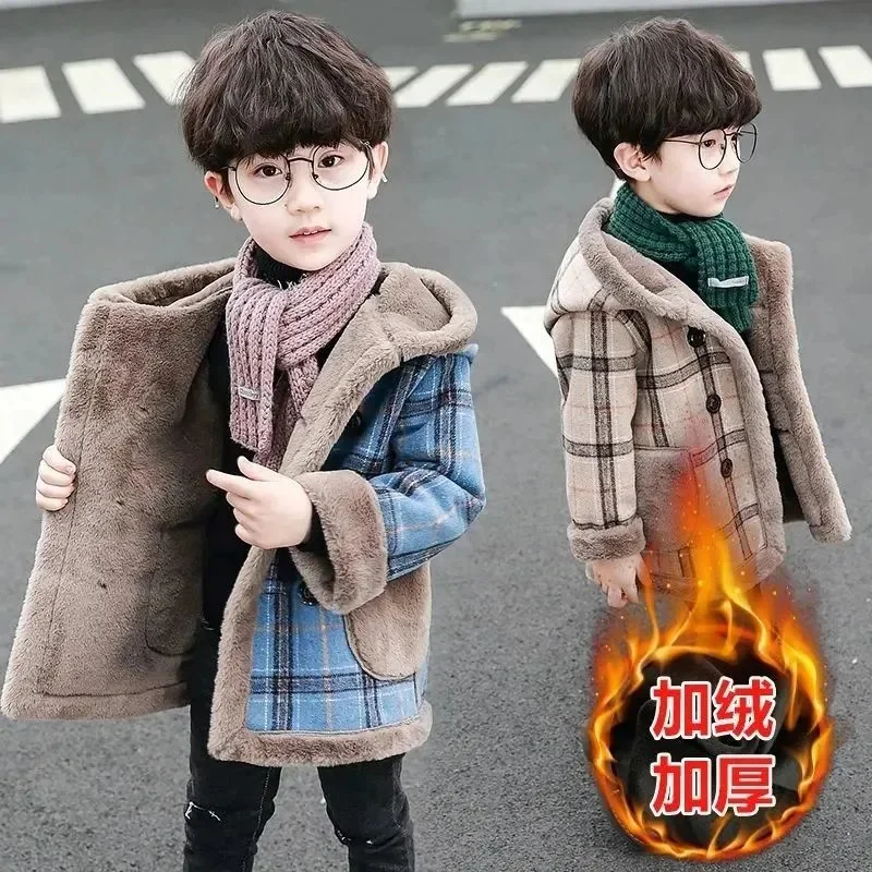 

Thicken Boys Woolen Jackets Winter Warm Children Outerwear Kids Hooded Long Wool Overcoat 2024 New Teenager Cotton Clothes