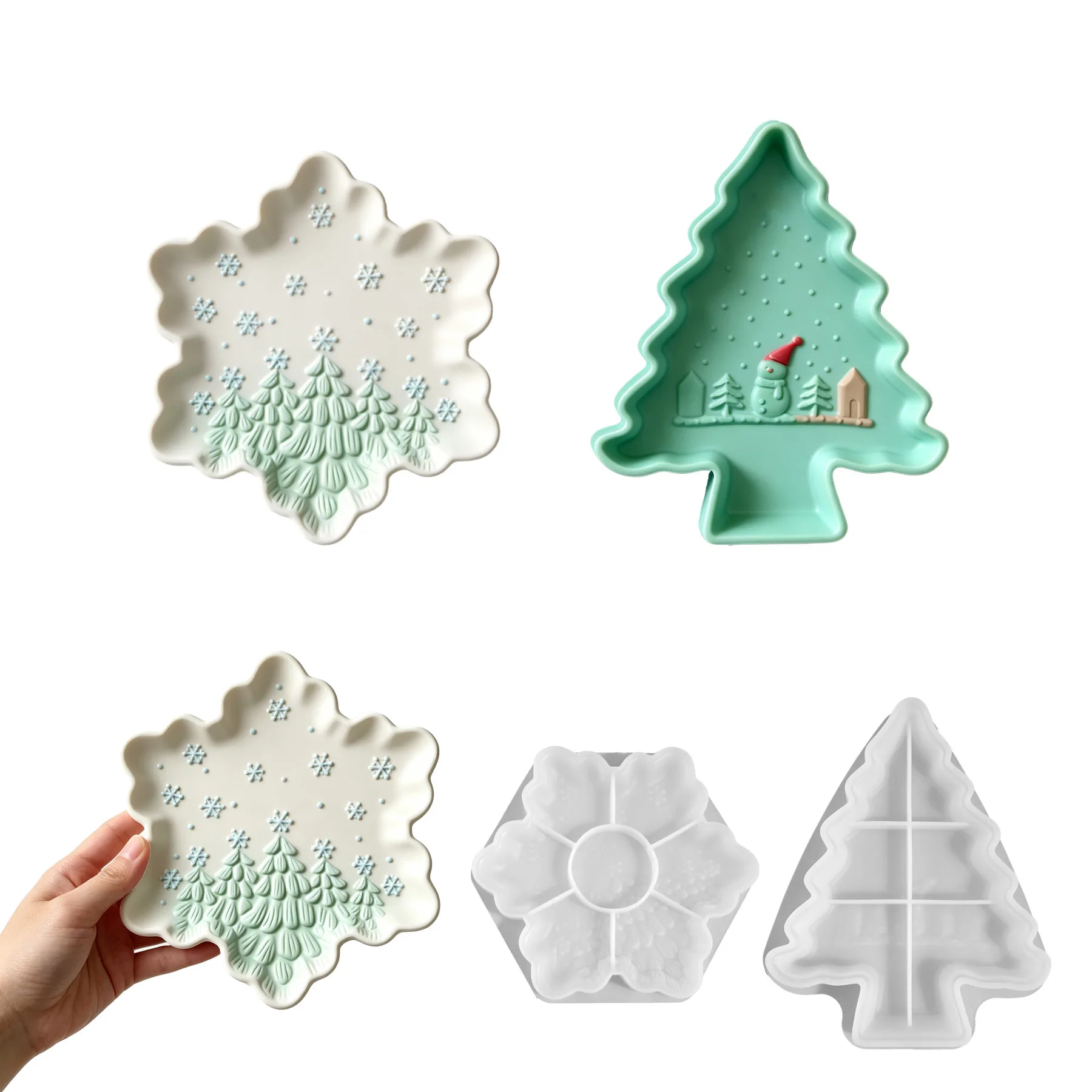 Christmas Snowflake Tree Tray Silicone Mold Embossed Winter Scene Jewelry Dish Storage Plate Resin Plaster Casting Craft