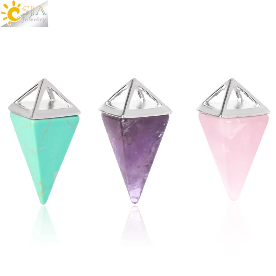 CSJA-collar de péndulo de piedra preciosa Natural, Reiki, lapislázuli, cristal de cuarzo, Aventurina, Chakra, colgante de pirámide, amuleto, joyería E104