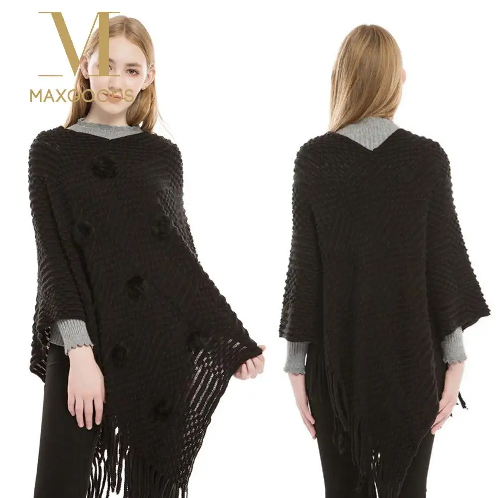 

New Imitation Cashmere Warm Shawl Rabbit Fur Ball Solid Color Wrap Cloak Plus Size Knitted Sweater