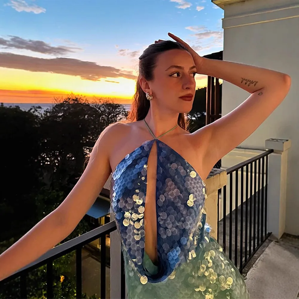 Summer Woman Dress Halter Neck Dresses Sequin Backless Dress Mid Waist Mini Dress Cutout High Slit Evening Vacation Hollow Out