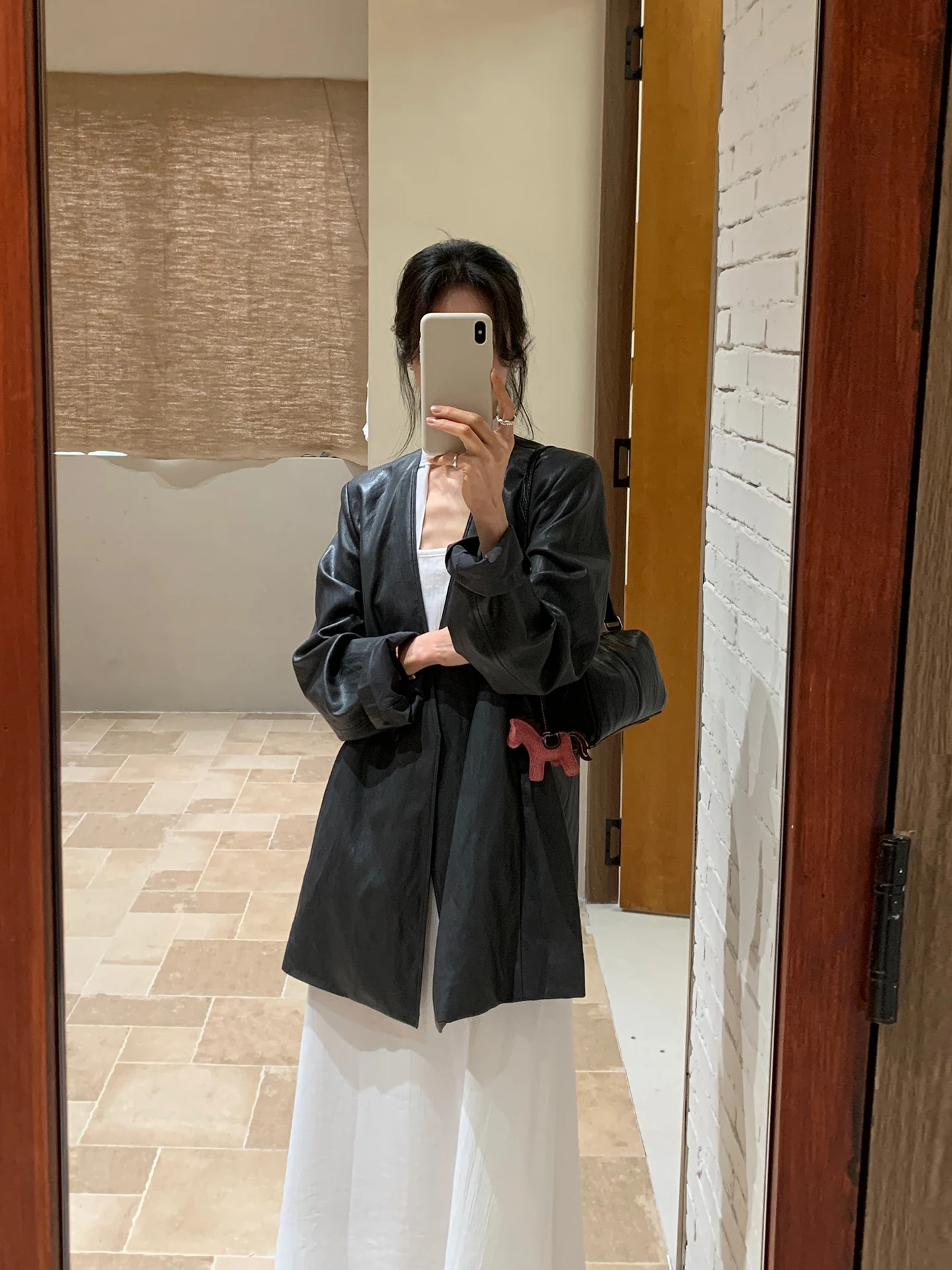 

BRIVIN Korean Sle Retro Deep ey Super Soft Leather Jaet Women's Casual Mid-Length Top Spring New High-End Feel