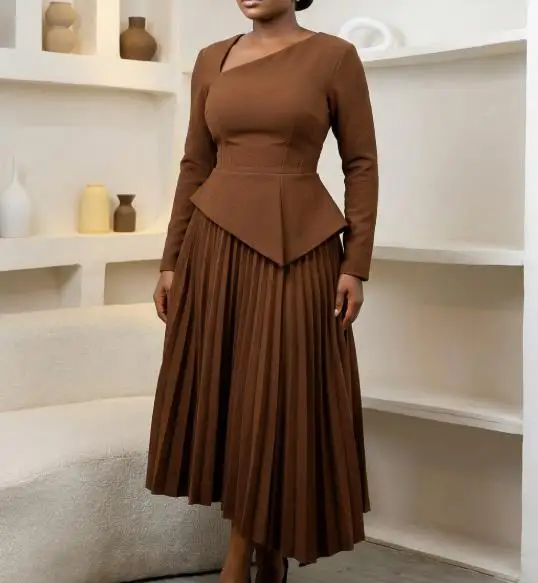 

2026 Spring New Women's Clothing Elegant Slant Neck High Waist Medium Length Dress